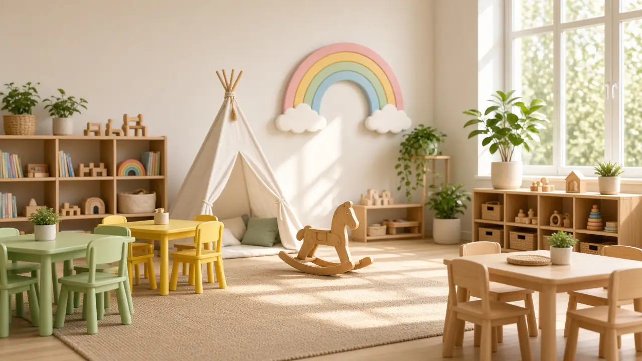 Heller, großzügiger Gruppenraum mit Regenbogen-Dekoration